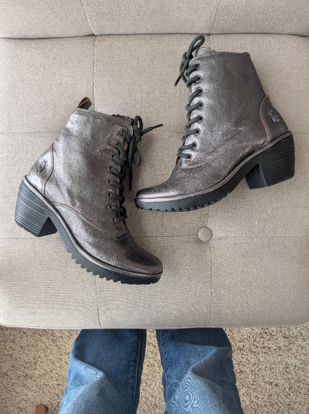 FLY LONDON Metallic Grey Combat Heeled Chunky Boots Women's Size 6